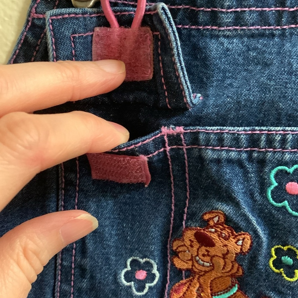 Vintage Y2K Scooby Doo Denim Jean Jumper Dress Shortall Size 7/8 Cotton Floral - Picture 6 of 13